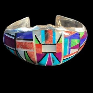 Sterling Silver Turquoise, Lapis lazuli, Coral & Mother of Pearl Cuff Bracelet